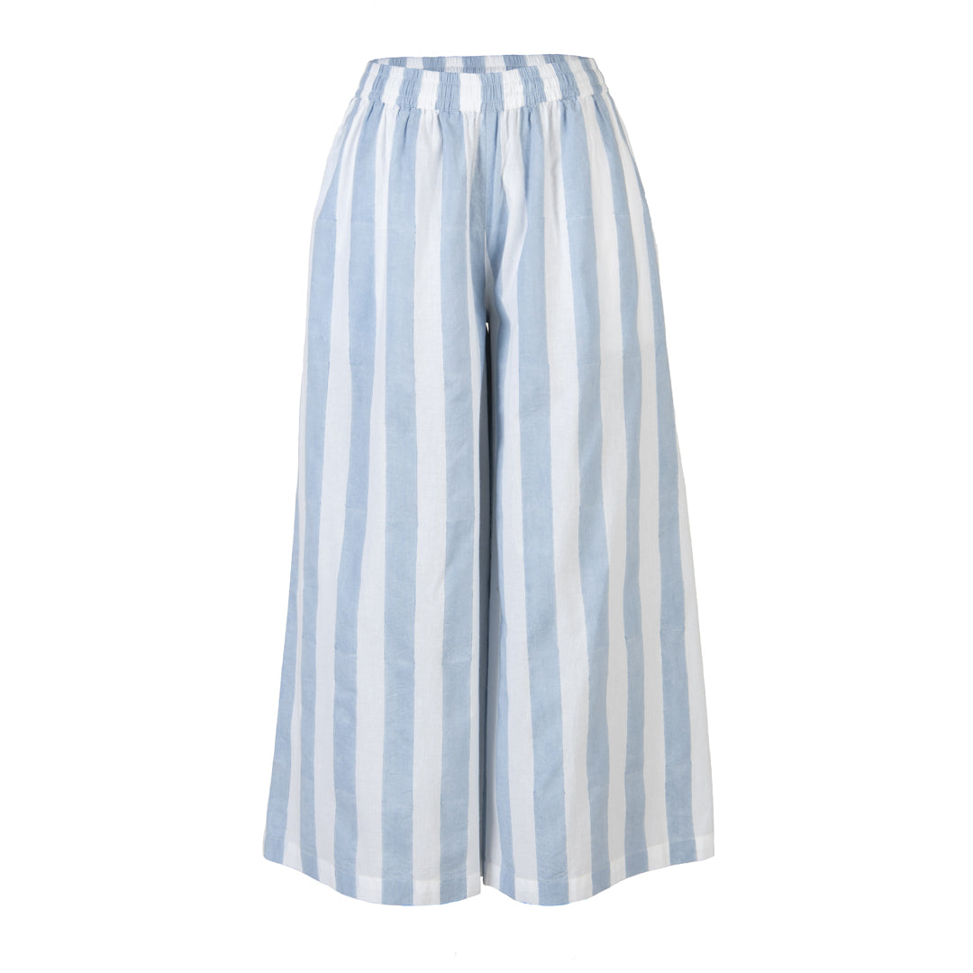 Blue and white striped pants on a white background