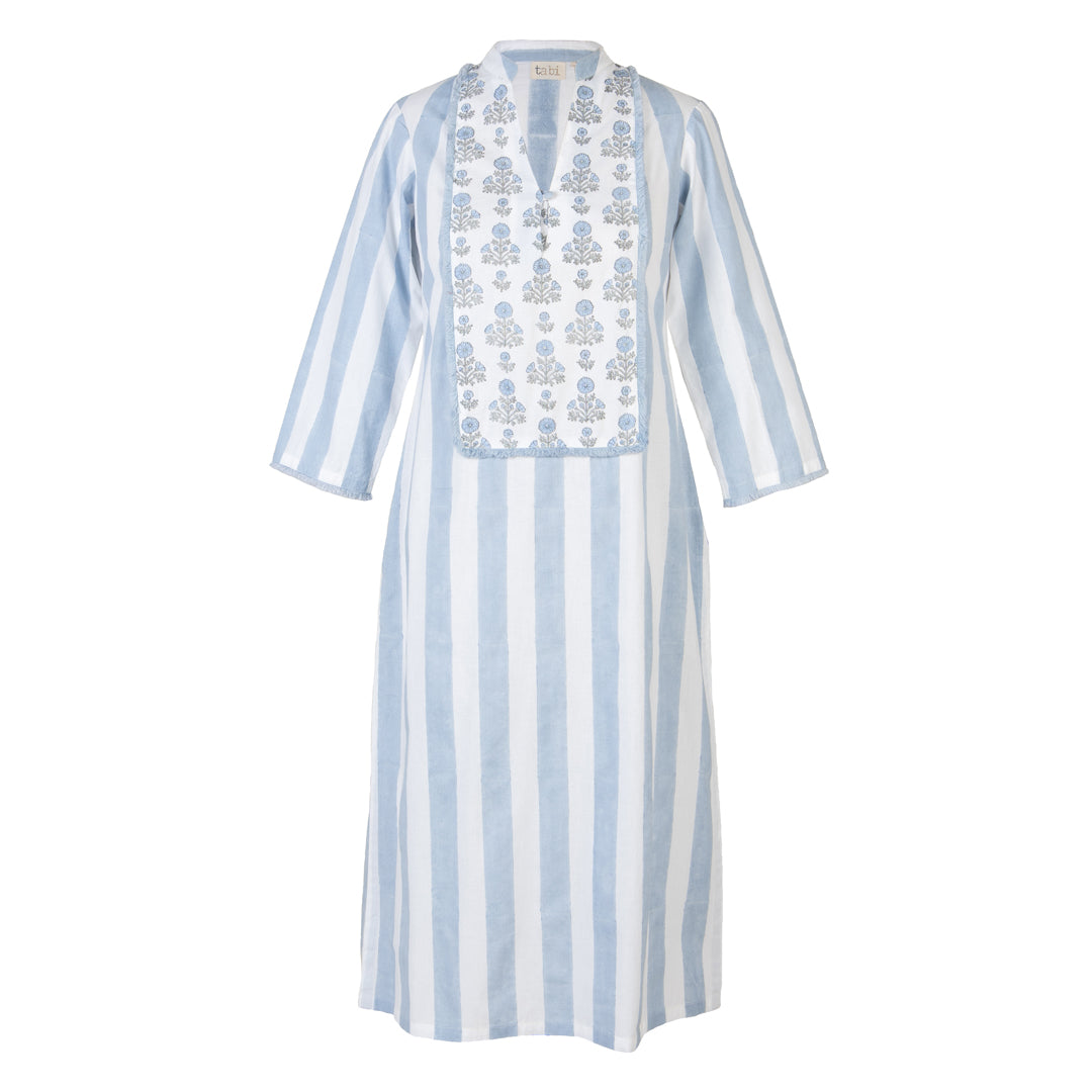 Blue and white striped dress with embroidered back on a white background