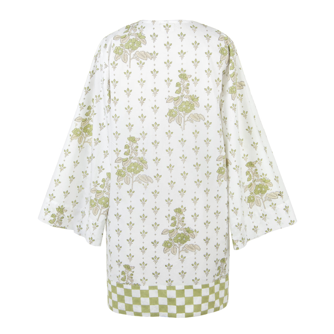 White garment with green floral pattern on a white background