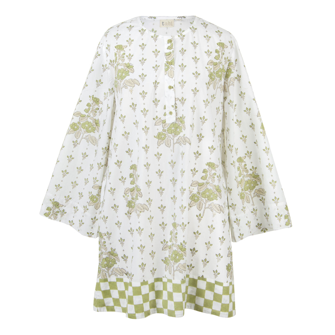 Floral patterned garment with green accents on a white background