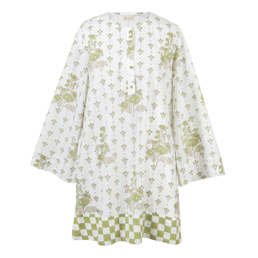 Floral patterned garment with green accents on a white background