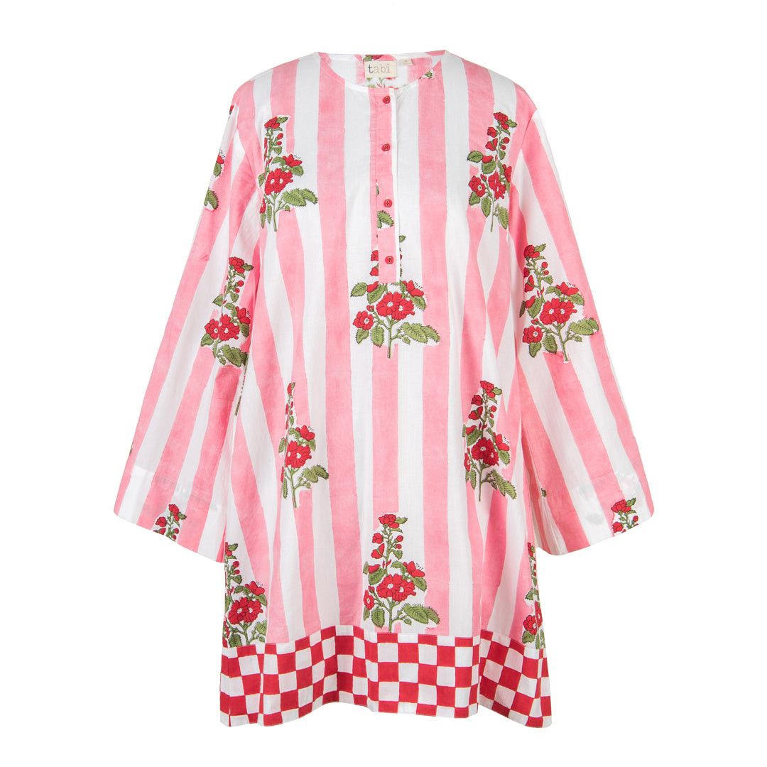 Pink and white striped shirt with floral patterns on a white background
