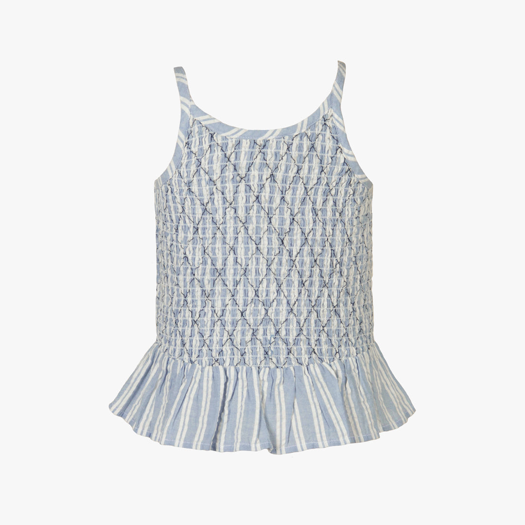 Blue and white striped tank top with ruffled hem on a white background