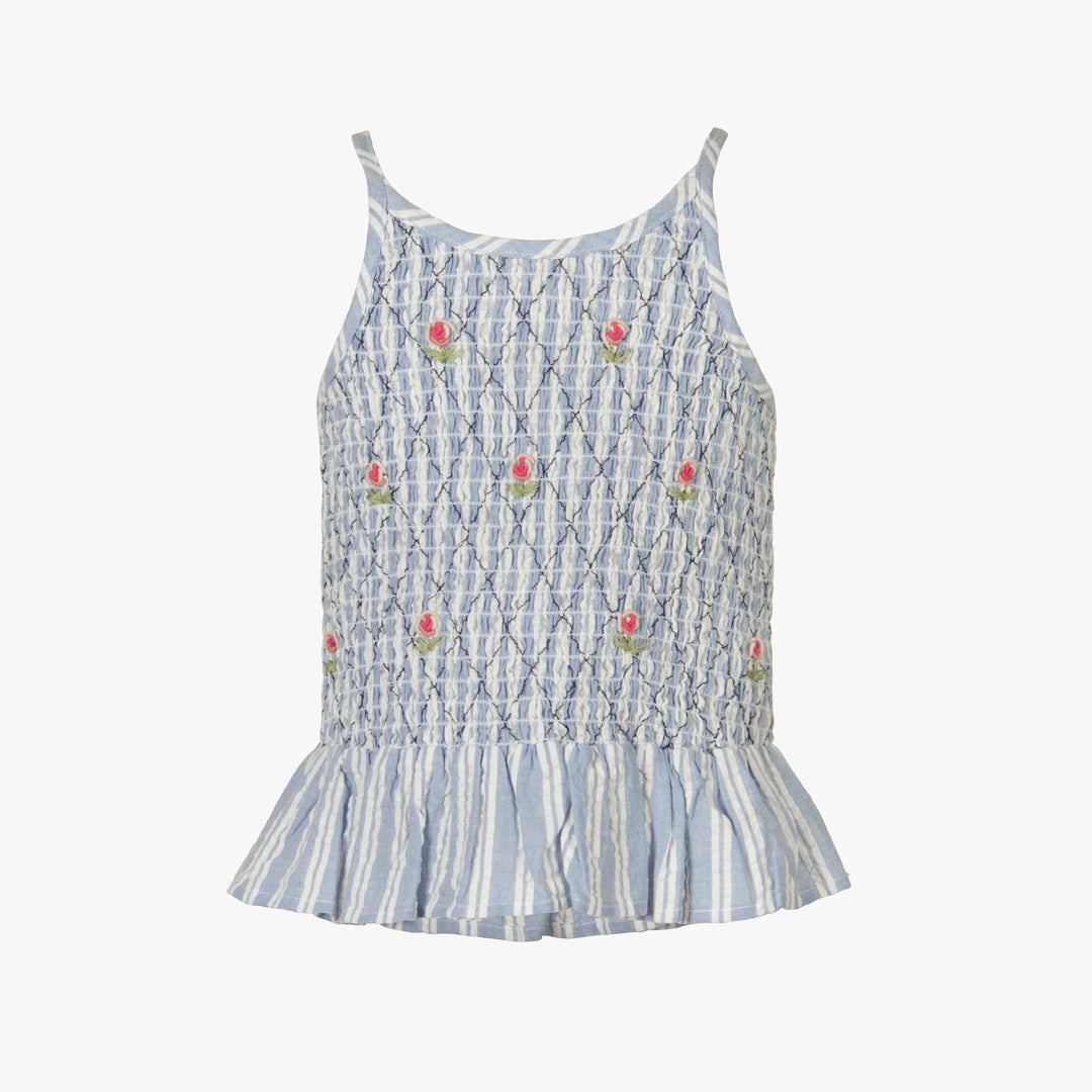 A sleeveless baby/toddler smocked top with thin straps, featuring a light blue and white patterned smocked bodice with embroidered pink rose details, and a ruffled smocked hem.