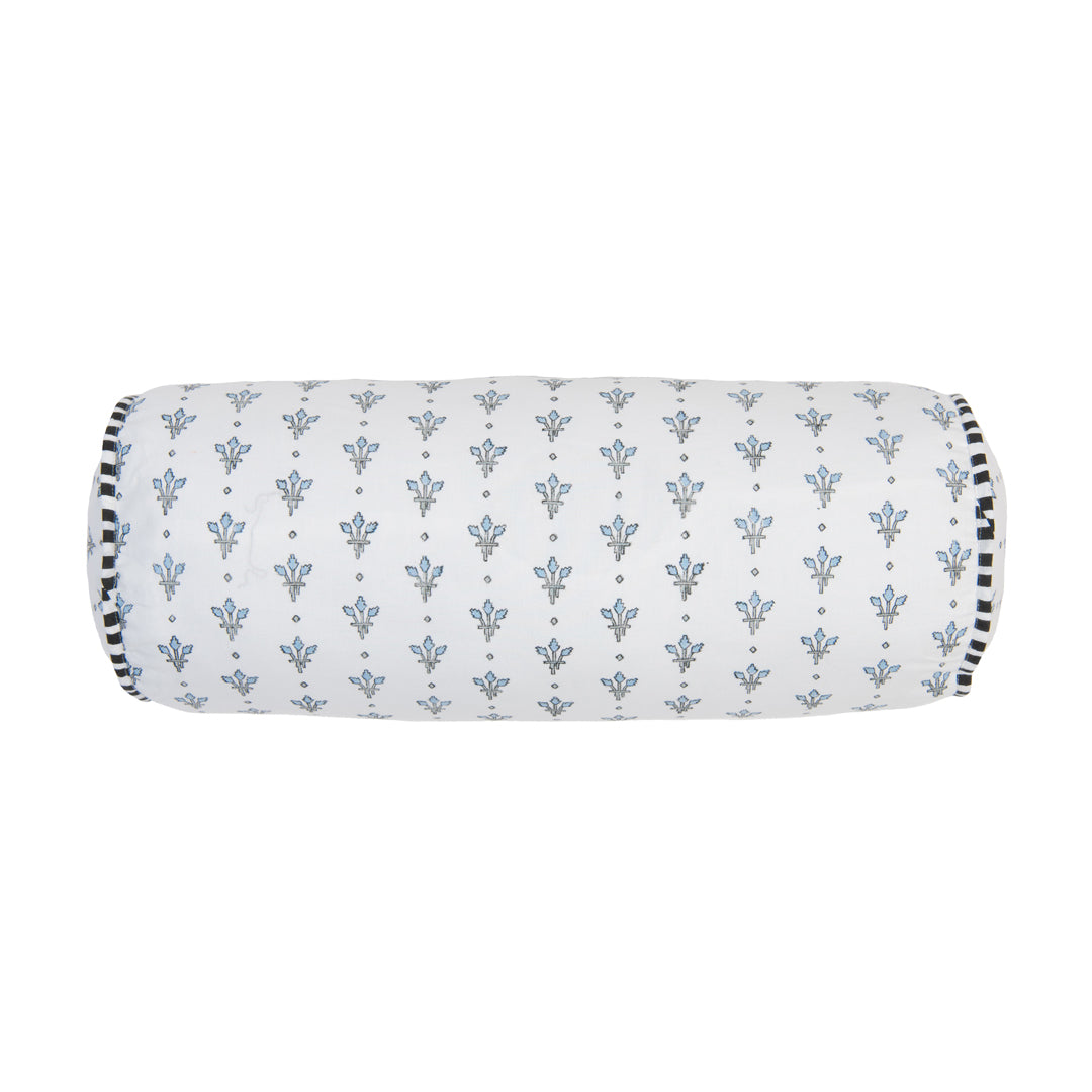 Roller pillow with floral pattern on a white background