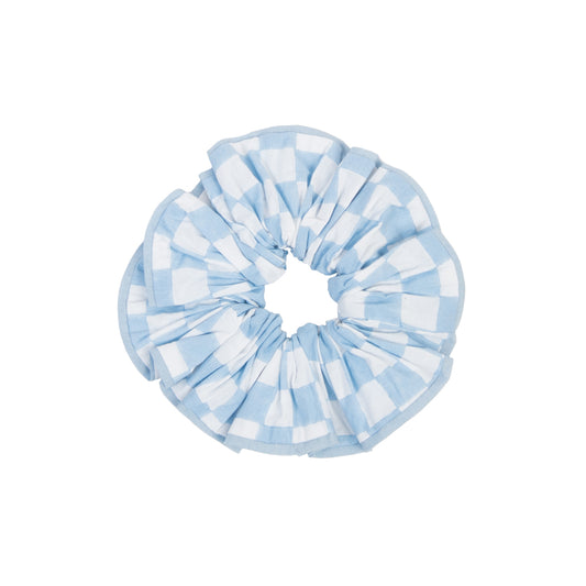 Blue and white striped scrunchie on a white background
