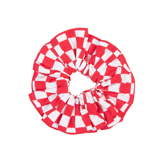 Red and white checkered scrunchie on a white background