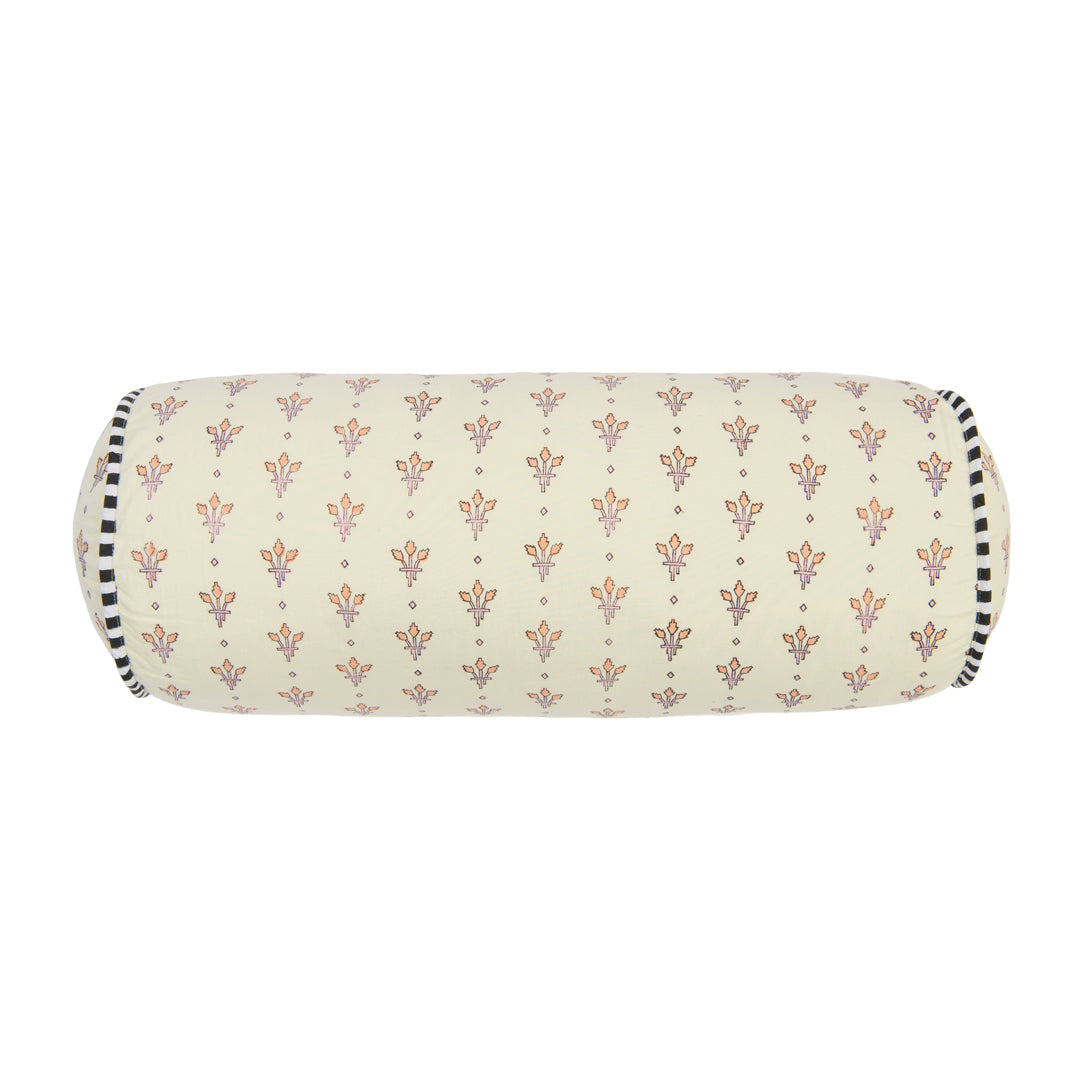 Decorative cylindrical pillow with floral pattern on a white background