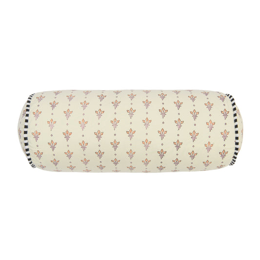 Decorative cylindrical pillow with floral pattern on a white background