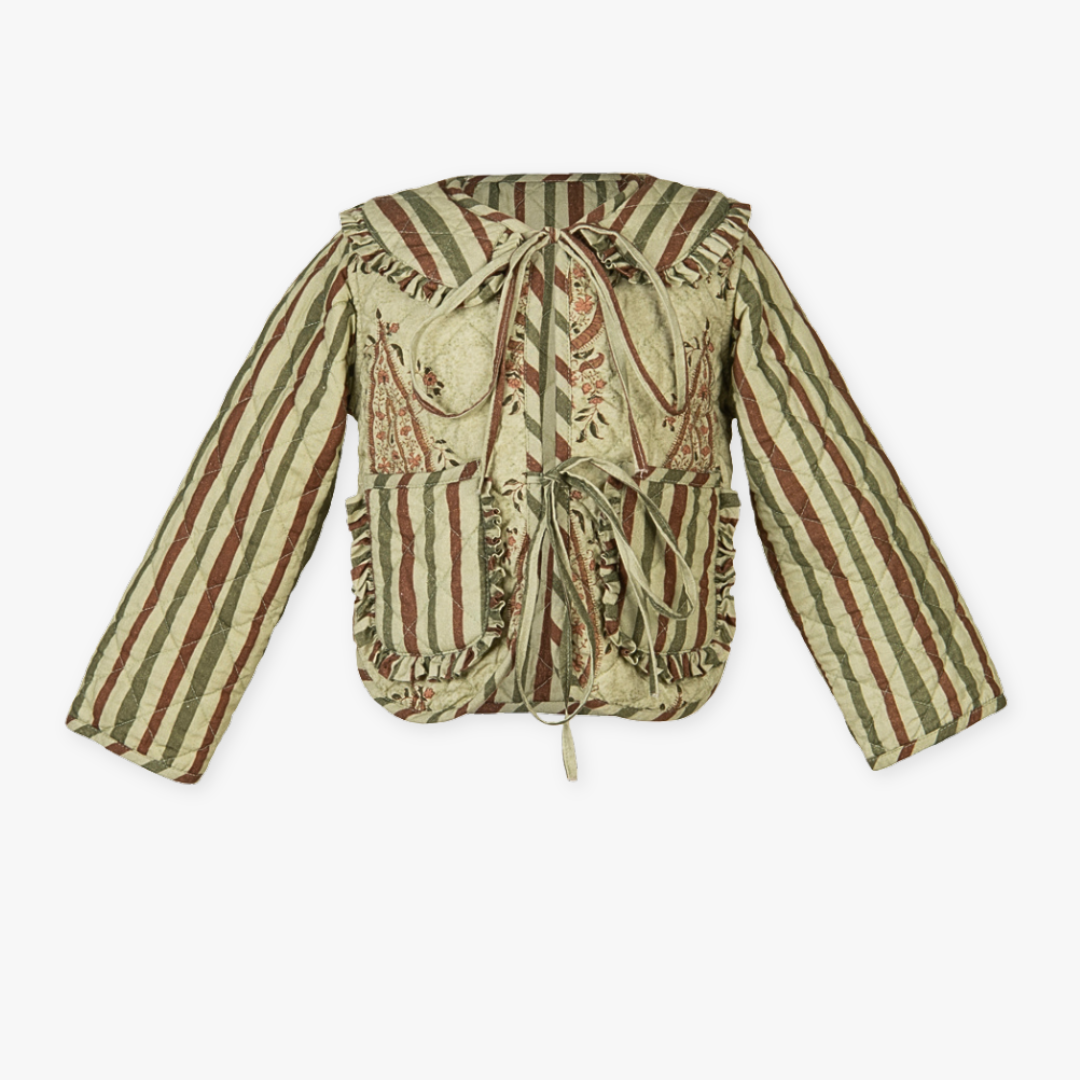 Striped jacket with long sleeves in stripes and block print on a forest green background