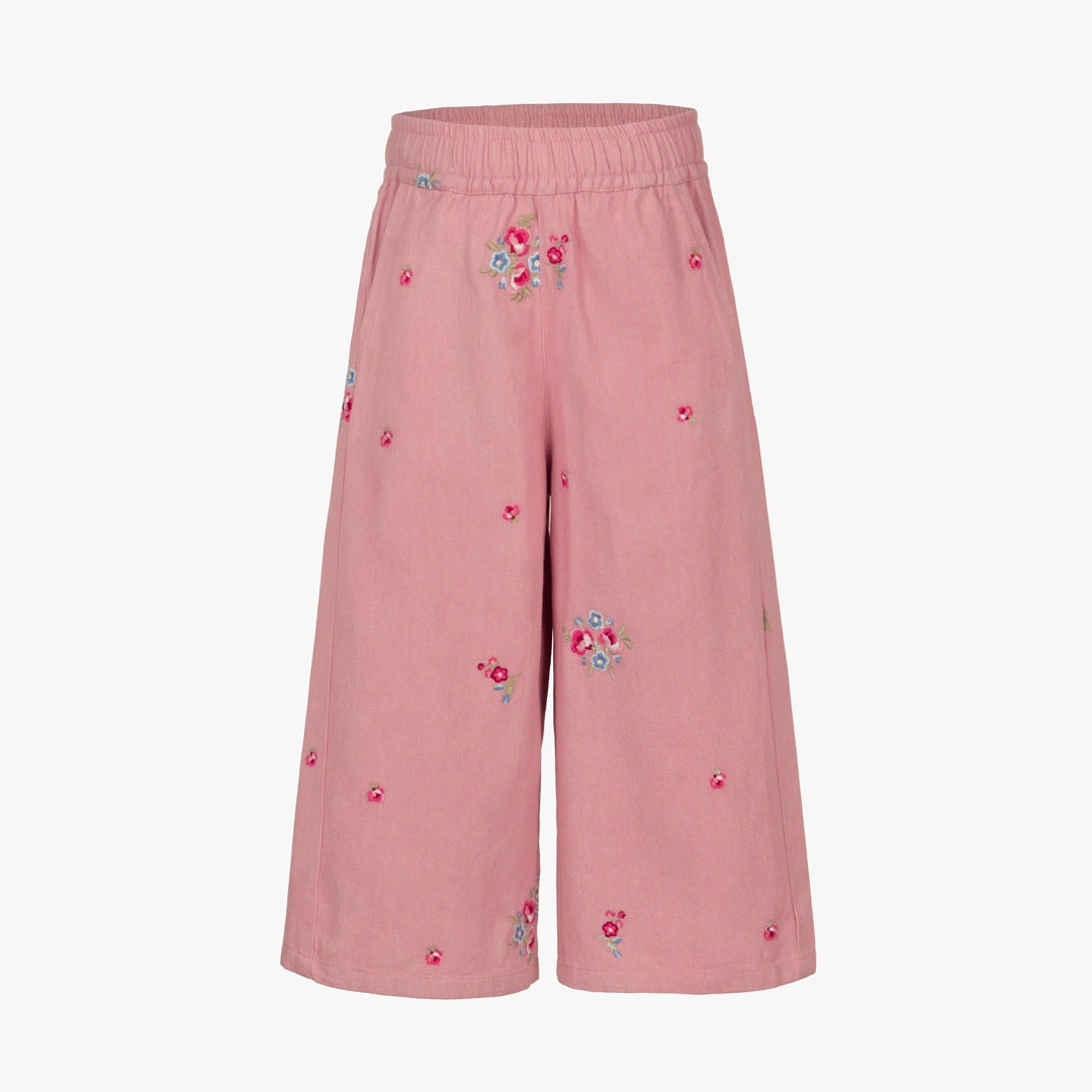 Pink wide-leg cropped pants with an elastic waistband and scattered embroidered floral motifs, shown against a plain white background.