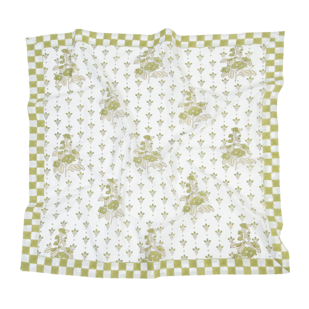 Floral patterned Scarf with a checkered border on a white background