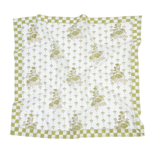 Floral patterned Scarf with a checkered border on a white background