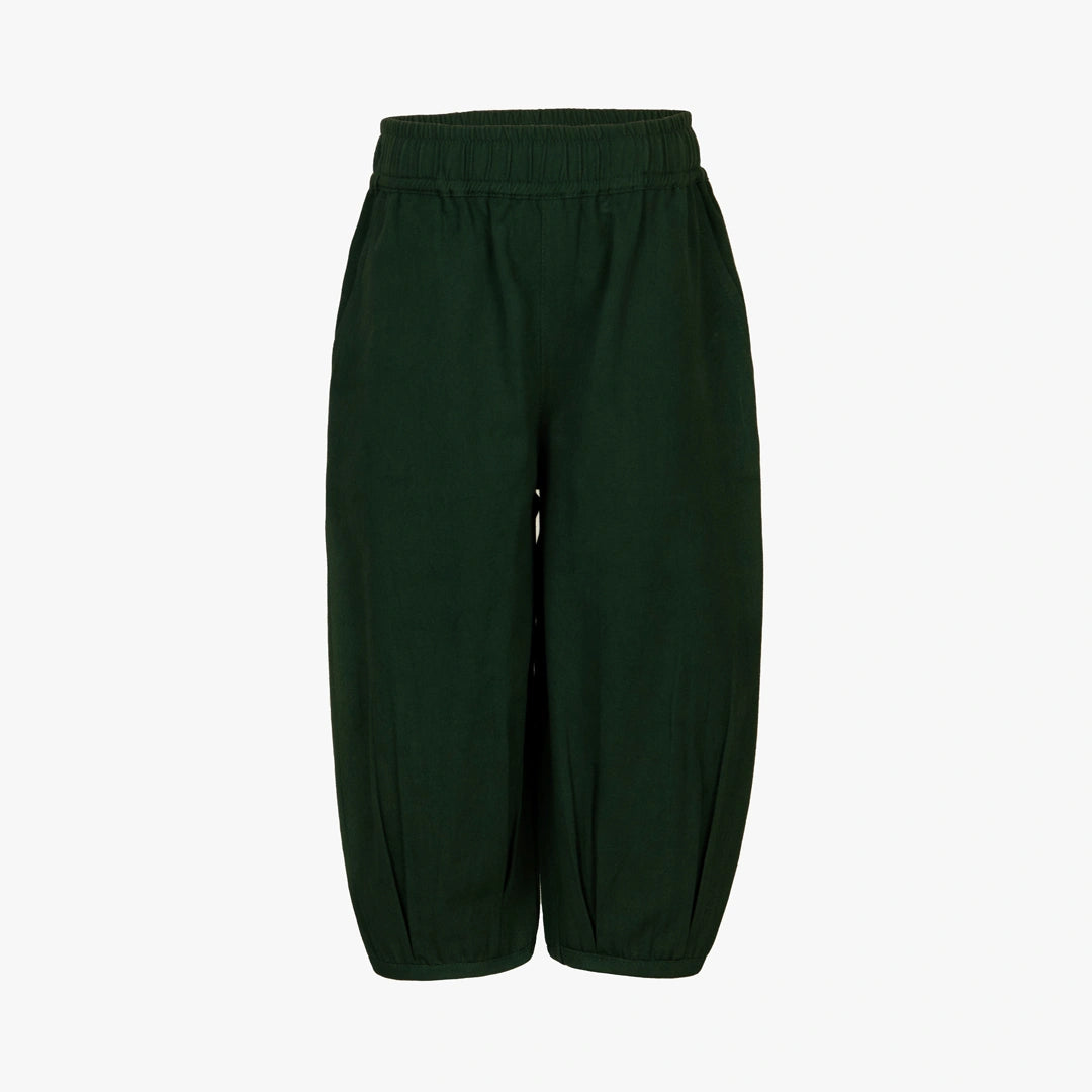 Dark forest green cropped pants with an elastic waistband, shown against a plain light gray background.
