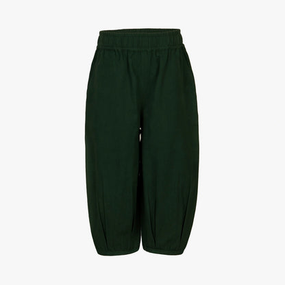 Dark forest green cropped pants with an elastic waistband, shown against a plain light gray background.