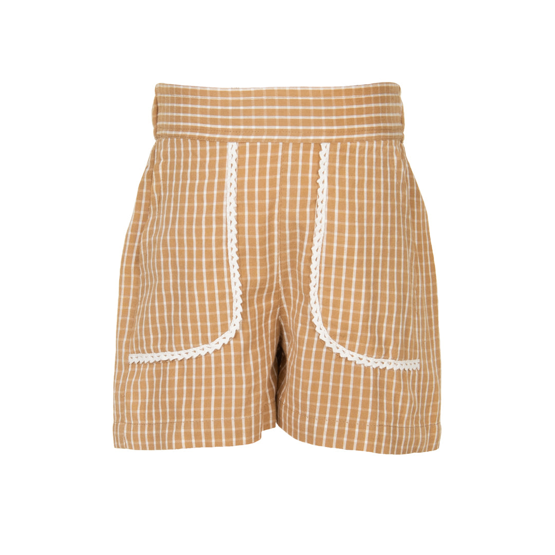 Brown checkered shorts with white trim on a white background