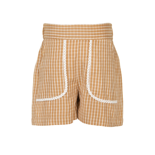 Brown checkered shorts with white trim on a white background