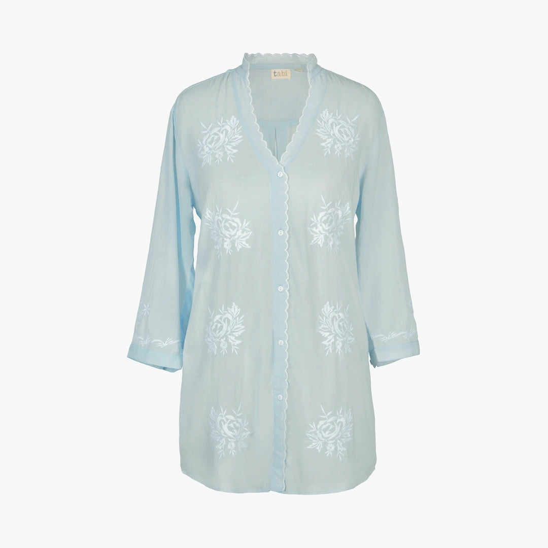 A light blue sheer button-up nightgown or tunic with white floral embroidery, displayed on a clean white background.