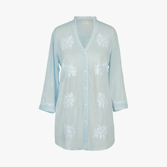A light blue sheer button-up nightgown or tunic with white floral embroidery, displayed on a clean white background.