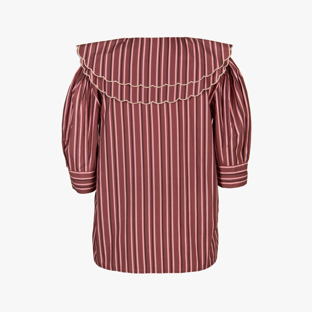 A women's off-the-shoulder blouse with vertical stripes in dusty rose and white, featuring a wide ruffled collar and puff sleeves, shown against a plain light gray background.