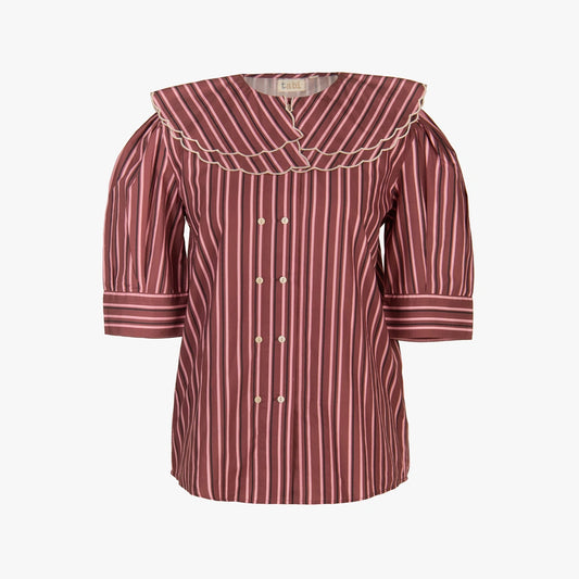 Red and white striped blouse with ruffled shoulders on a white background