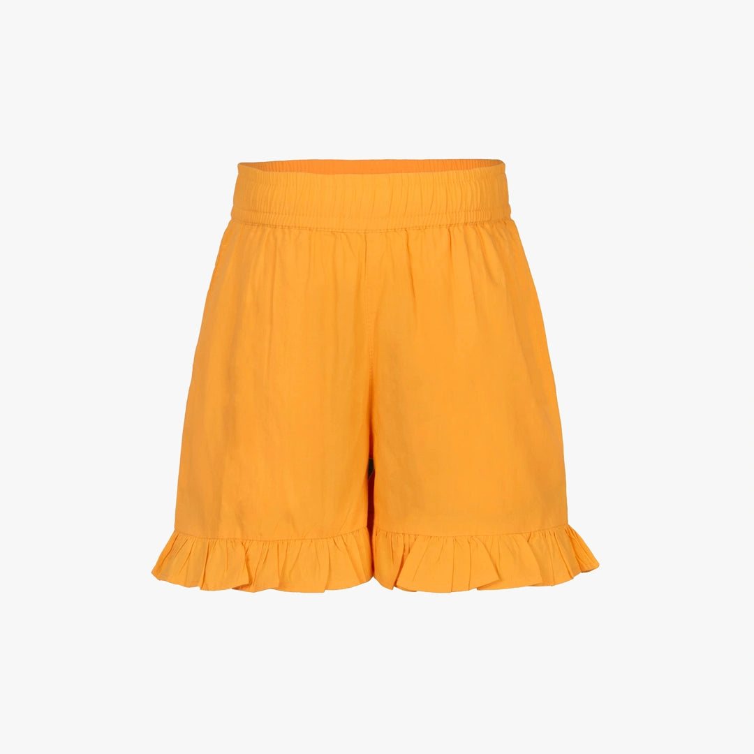 Bright yellow ruffled shorts with an elastic waistband, shown flat against a light gray background.