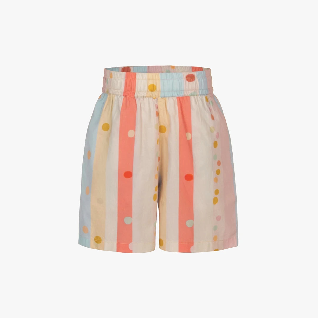 Colorful striped shorts with polka dot pattern on a white background