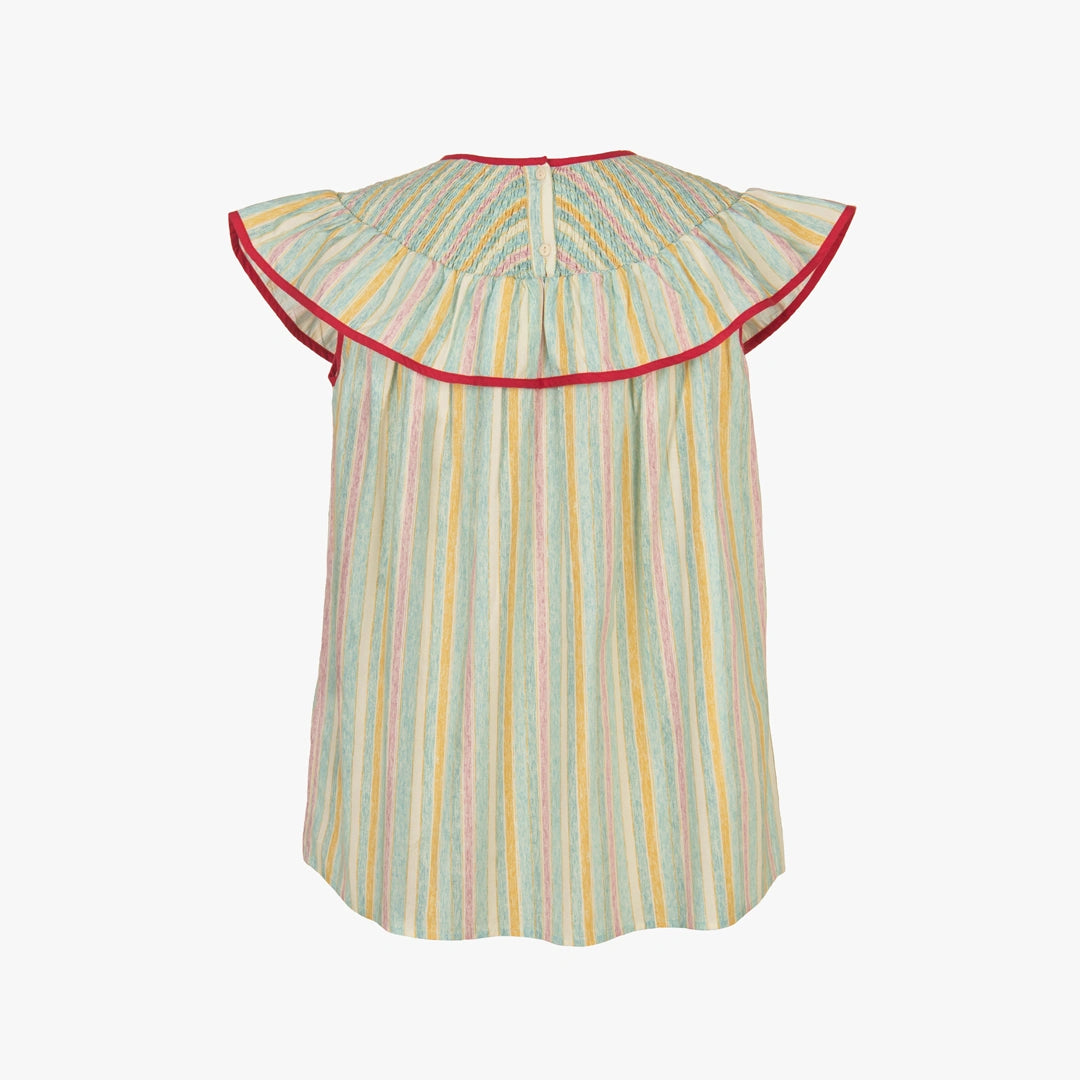 A sleeveless top with a wide ruffled yoke and vertical pastel stripes in green, yellow, pink, and blue, finished with red piping trim, shown against a plain white background.