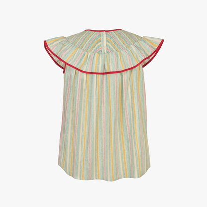 A sleeveless top with a wide ruffled yoke and vertical pastel stripes in green, yellow, pink, and blue, finished with red piping trim, shown against a plain white background.