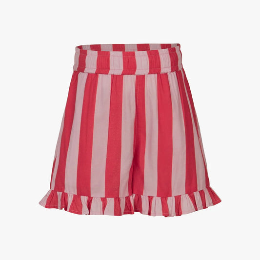 Pink and Red vertically striped shorts with a ruffled hem and elastic waistband.