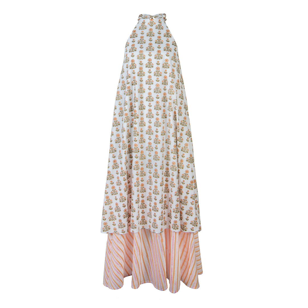 Long floral dress with a high neckline on a white background
