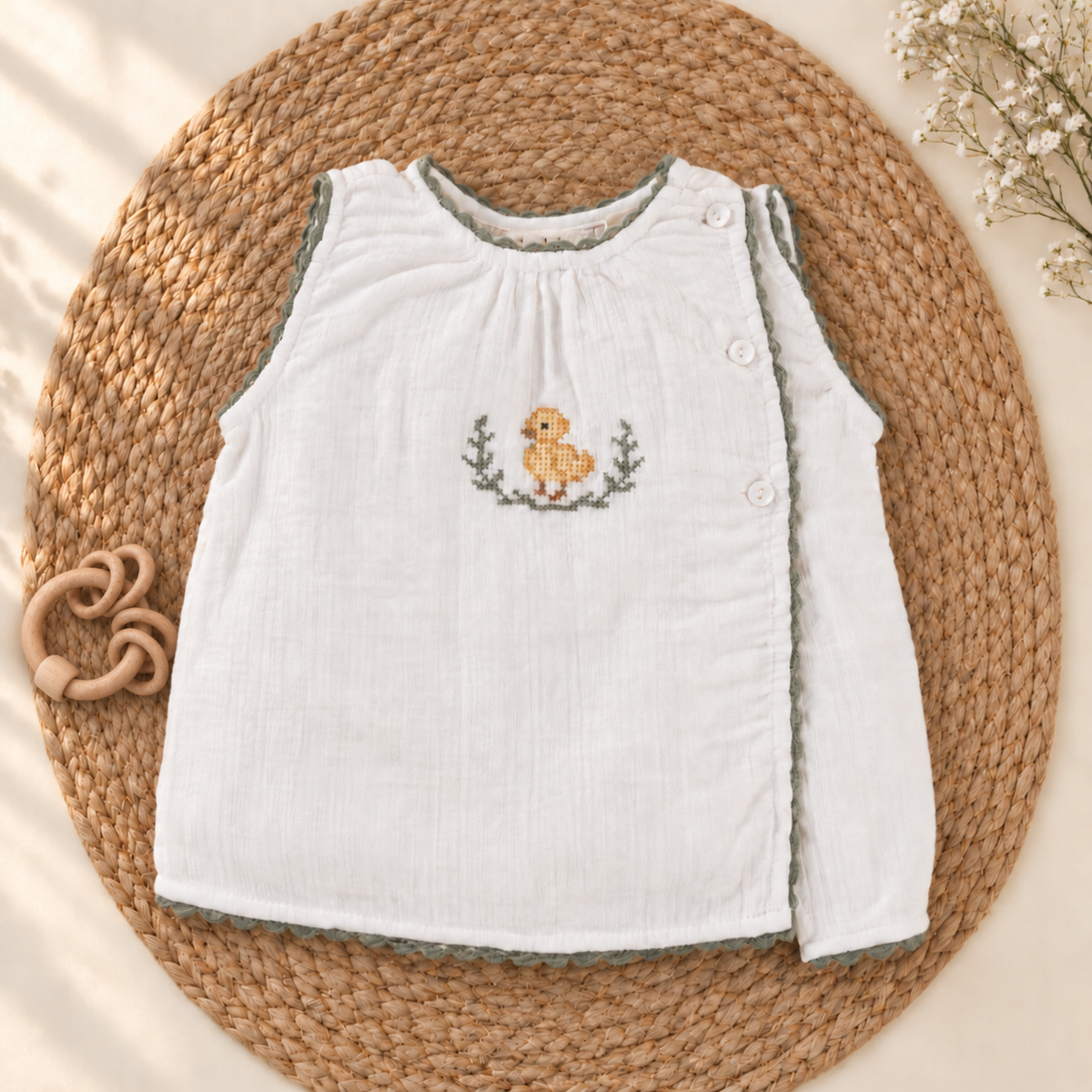 A white sleeveless Top and Bloomer, a small embroidered yellow duck design on the chest.