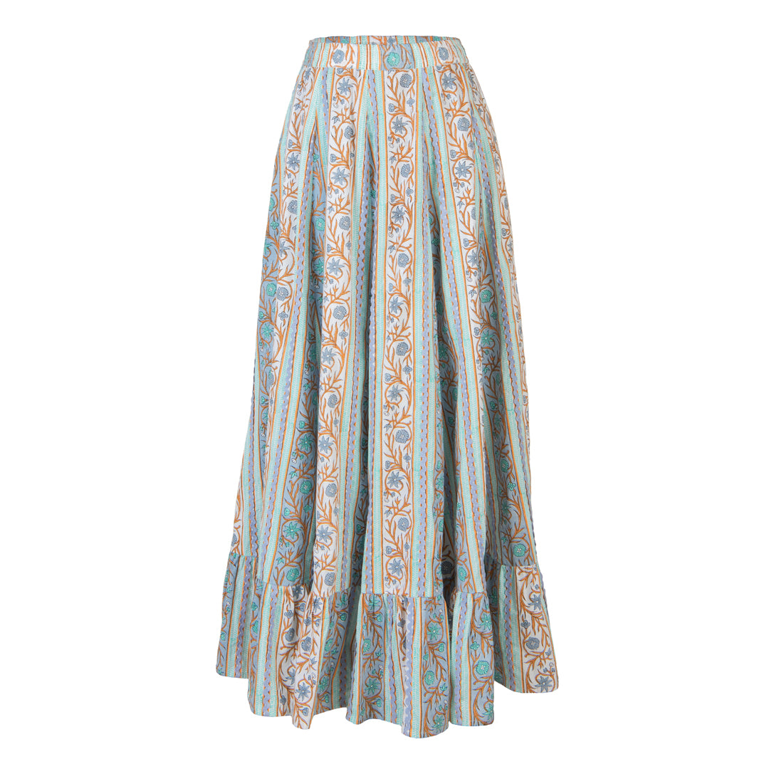 Long patterned skirt on a white background