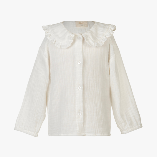 White blouse with ruffled collar on a white background