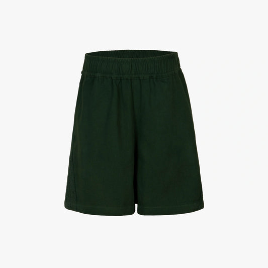 Dark forest green athletic shorts with an elastic waistband, shown against a plain light gray background.