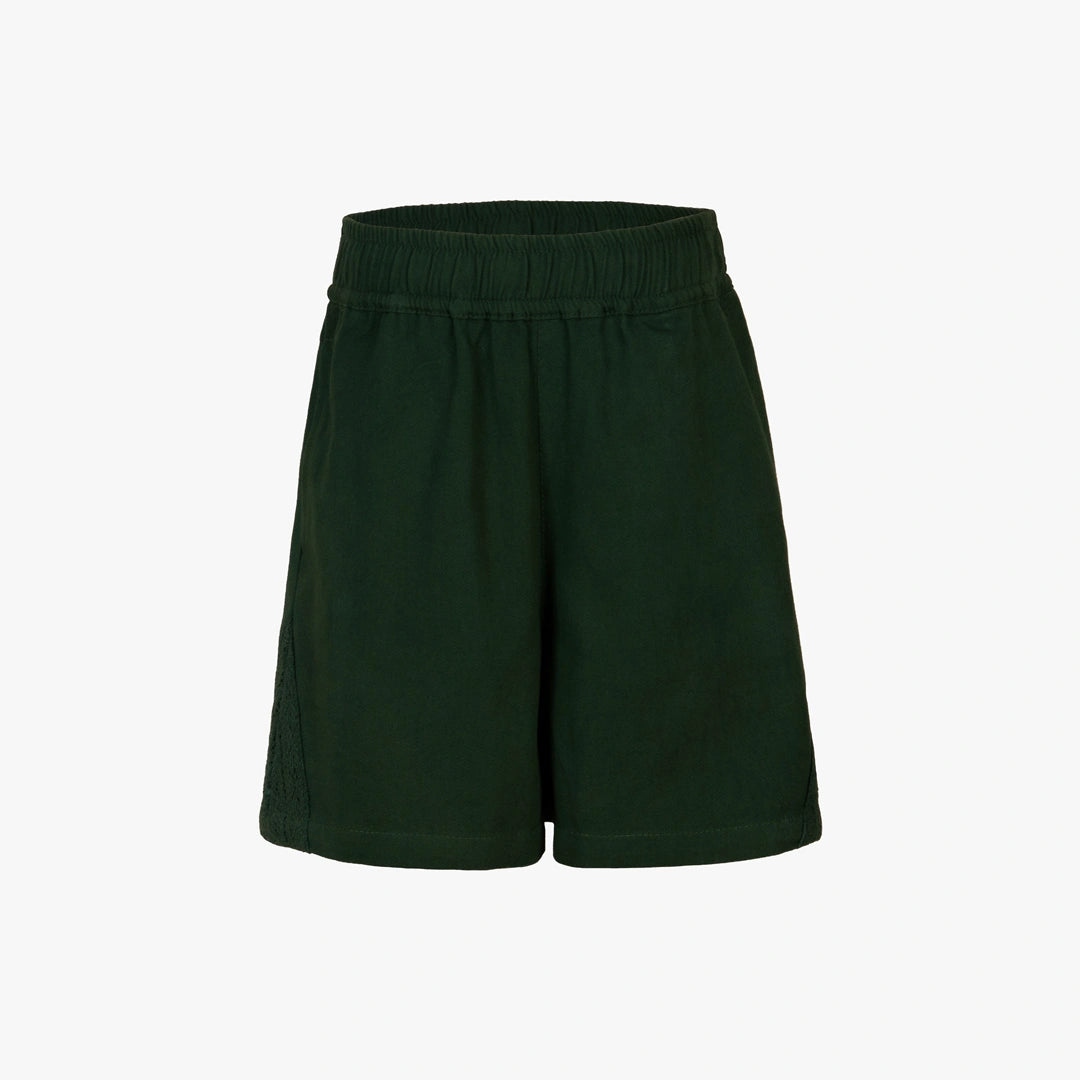 Dark forest green athletic shorts with an elastic waistband, shown against a plain light gray background.