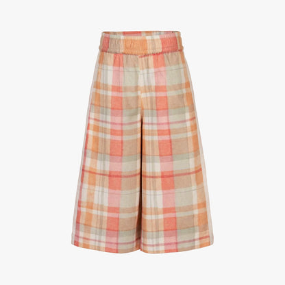 Wide leg check pants with white piping at the side 