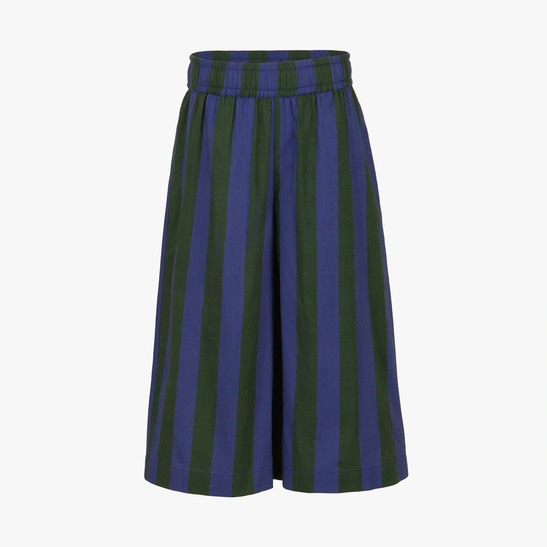 A pair of wide-leg cropped shorts featuring vertical stripes in dark green and a muted purple-blue, shown against a plain light gray background.