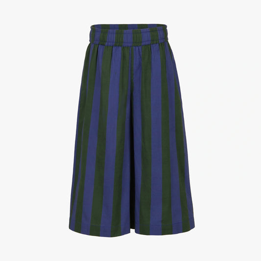 A pair of wide-leg cropped shorts featuring vertical stripes in dark green and a muted purple-blue, shown against a plain light gray background.