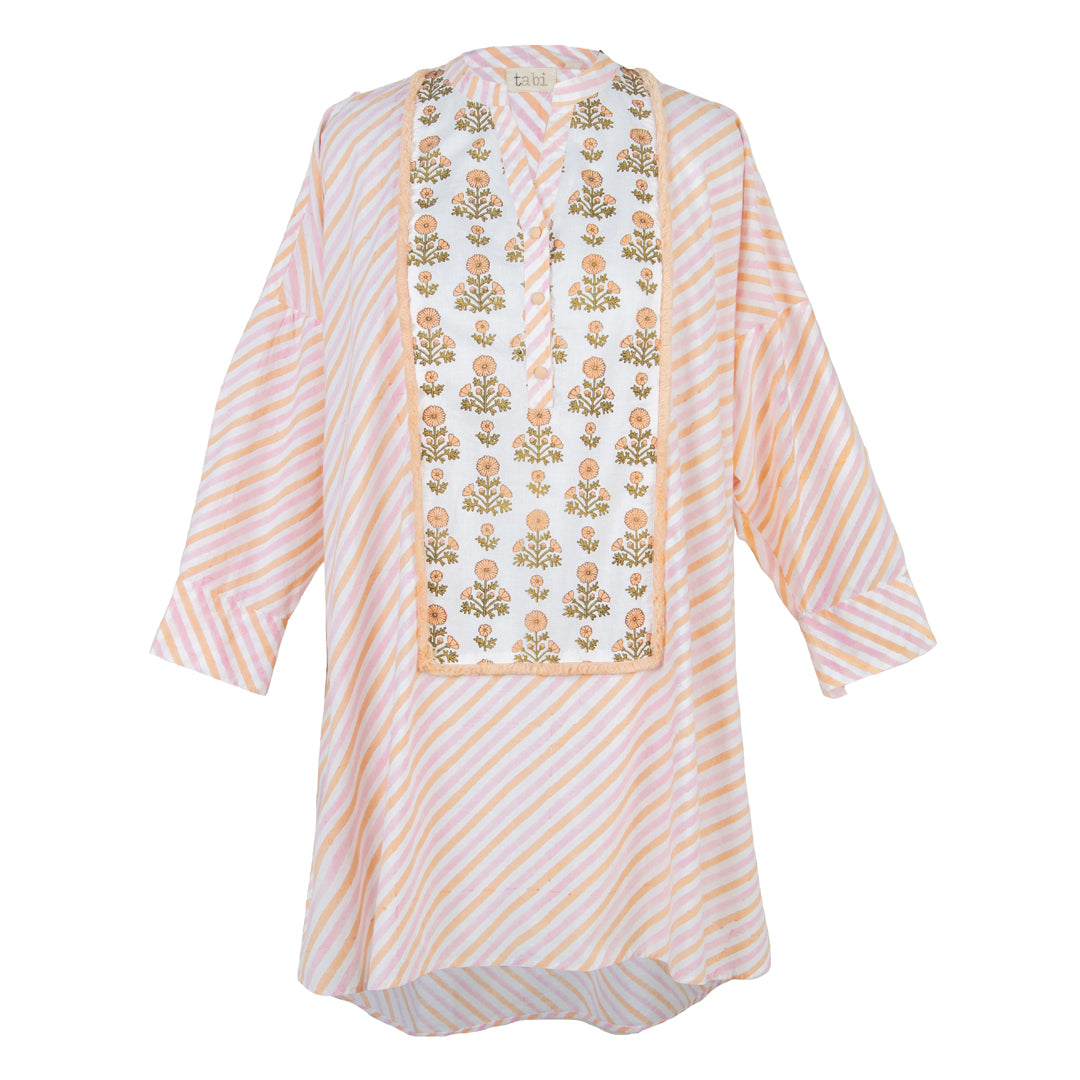 White and orange striped shirt with floral embroidery on a white background