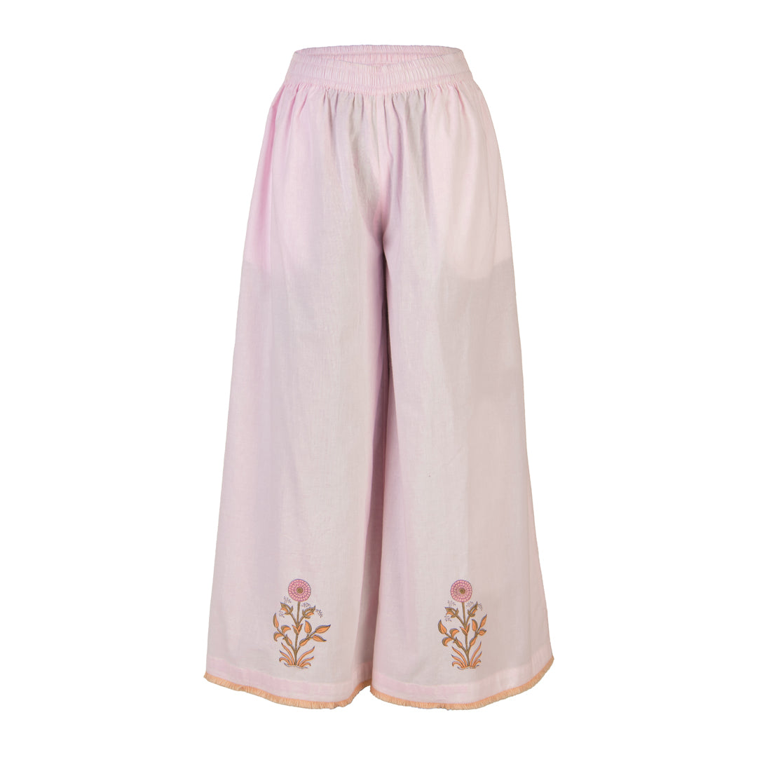 Pink wide-leg pants with floral embroidery on a white background