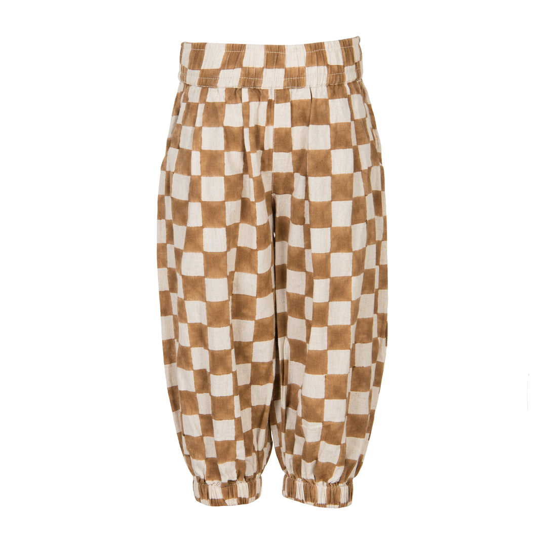 Brown and white checkered pants on a white background