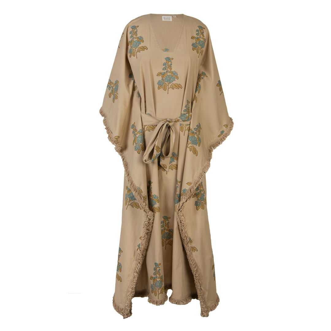 Beige dress with floral embroidery on a white background