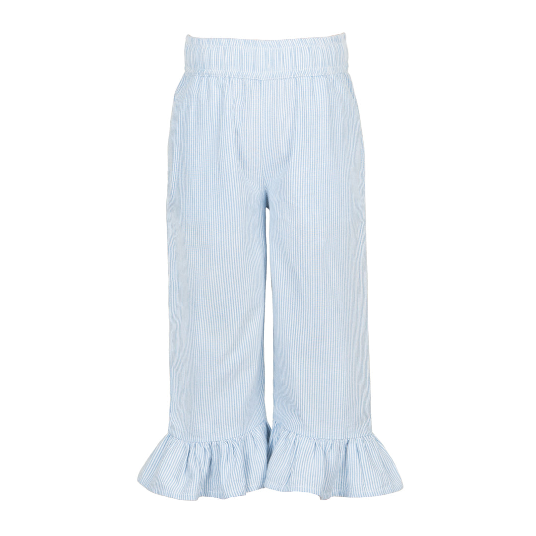 Light blue striped pants with ruffled bottom on a white background