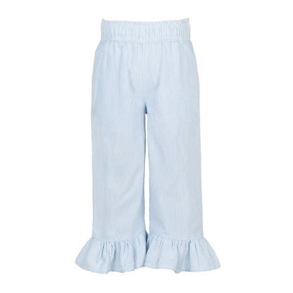Light blue striped pants with ruffled bottom on a white background
