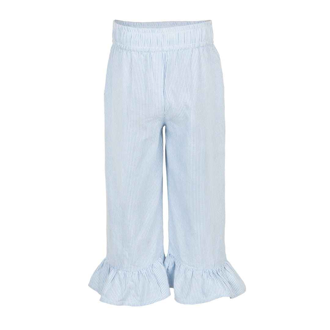 Light blue striped pants with ruffled bottom on a white background