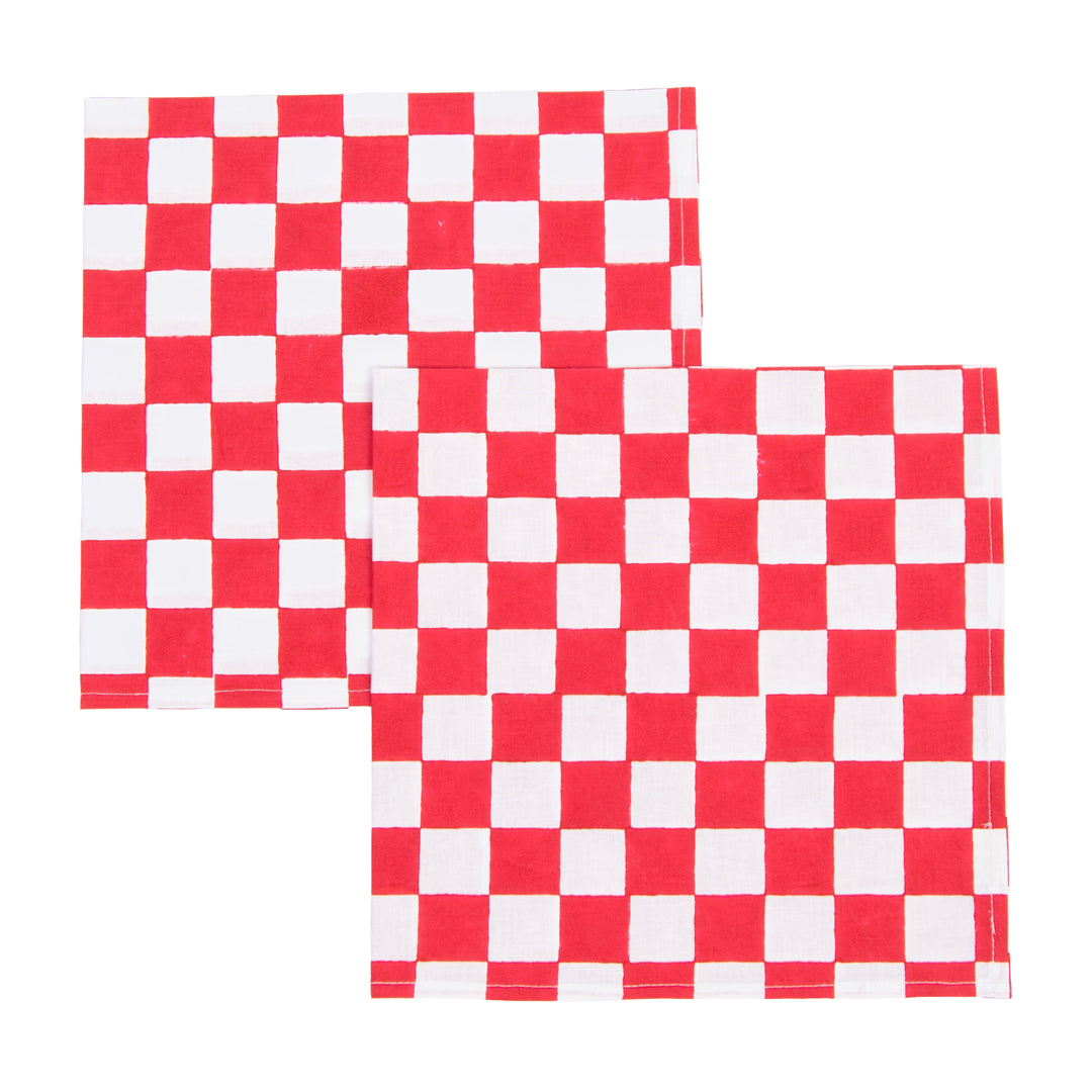 Two red and white checkered towels on a white background