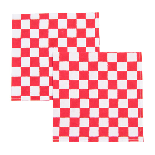 Two red and white checkered towels on a white background