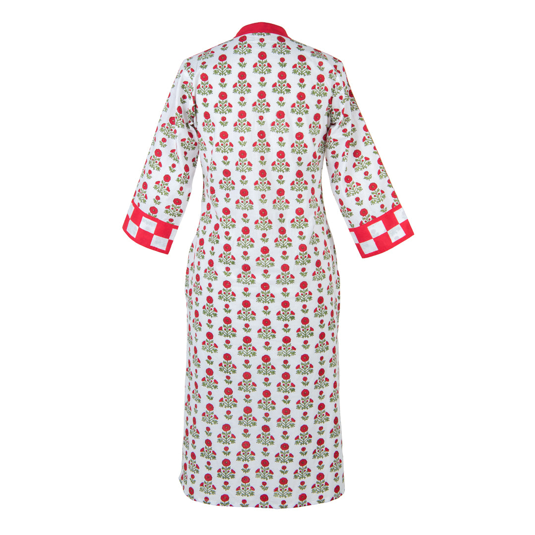 Long-sleeve dress with a floral pattern on a white background
