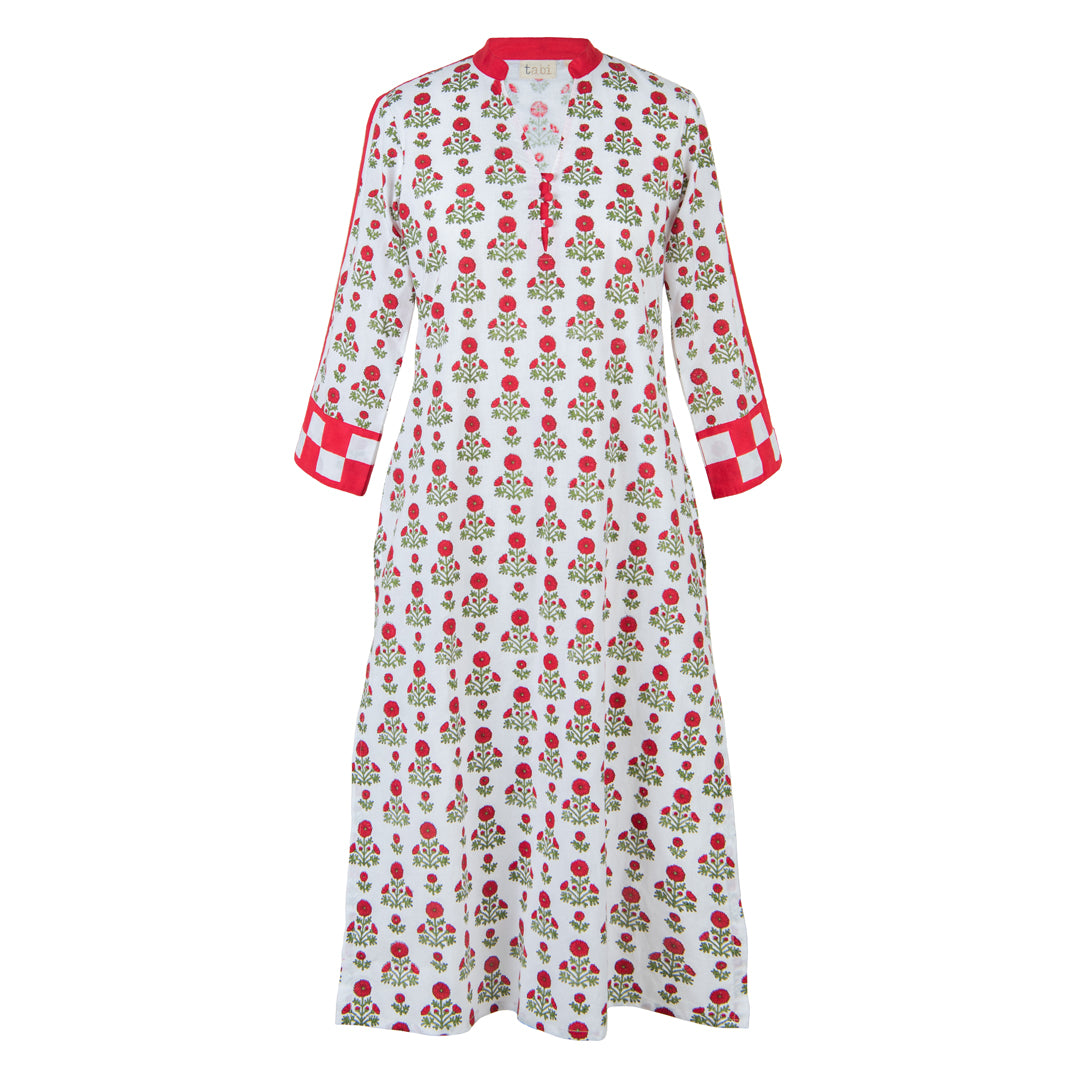 Long floral dress with red and green pattern on a white background